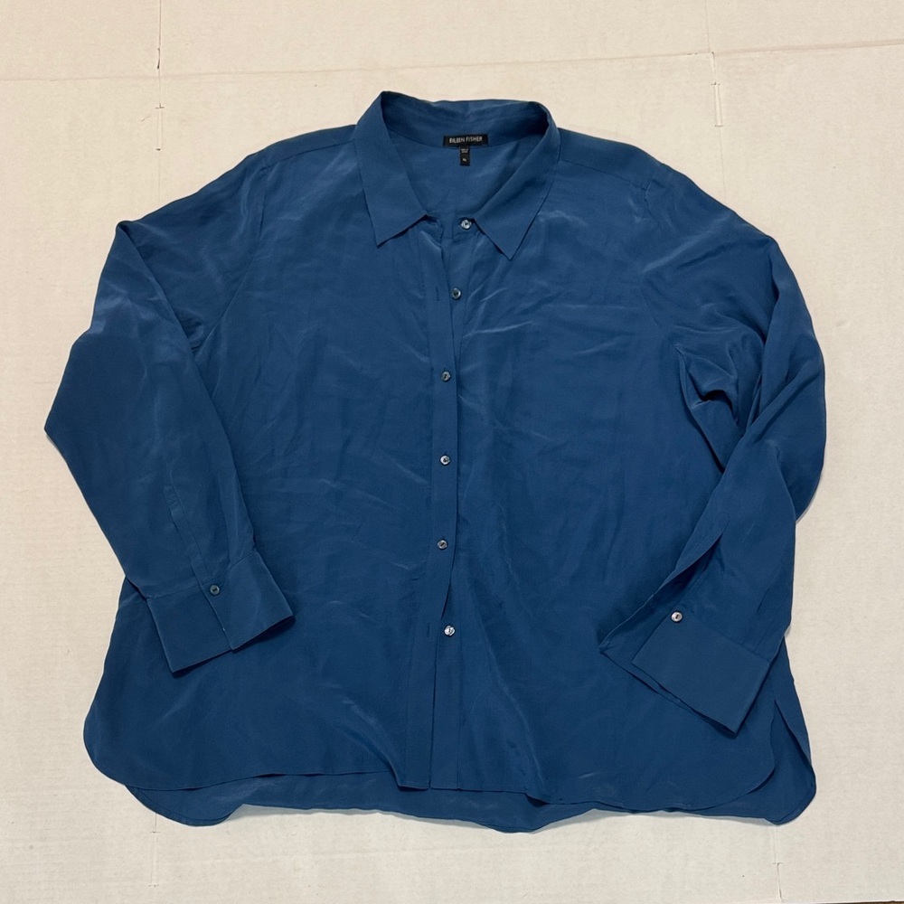Eileen Fisher Relaxed Silk Button-Up Shirt in Teal Blue Sz XL